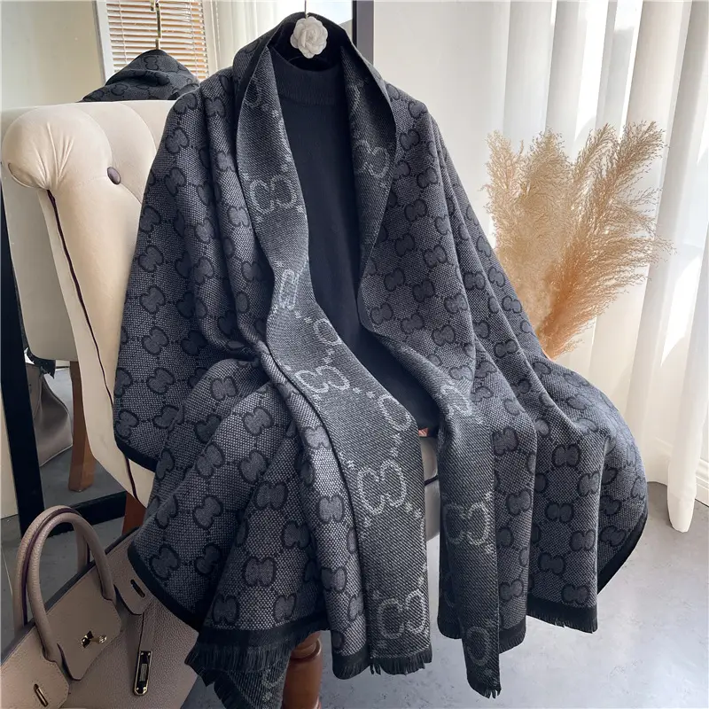 Women's European Style Letter Pattern Cashmere Scarf Grey - Image 5