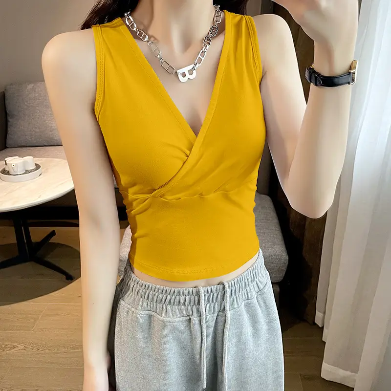 Black Cross V-Neck Camisole Women's Inner Wear Short Sleeveless Navel Exposed