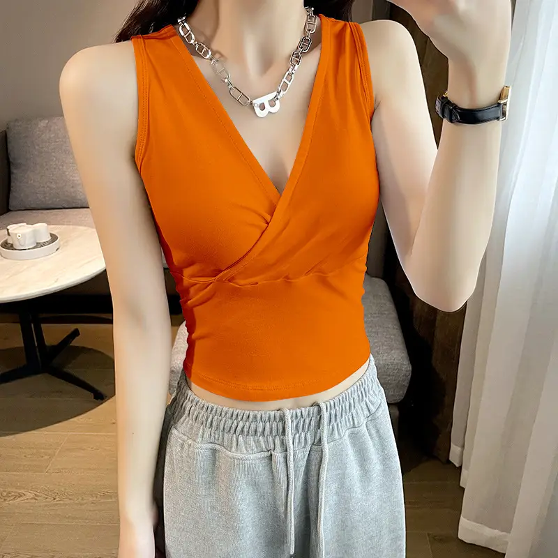 Black Cross V-Neck Camisole Women's Inner Wear Short Sleeveless Navel Exposed