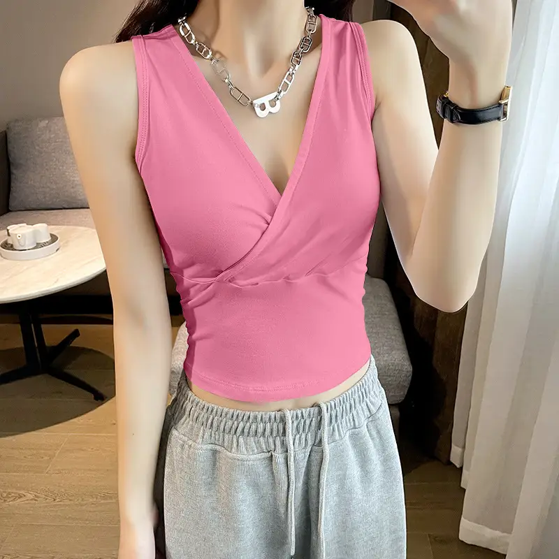 Black Cross V-Neck Camisole Women's Inner Wear Short Sleeveless Navel Exposed
