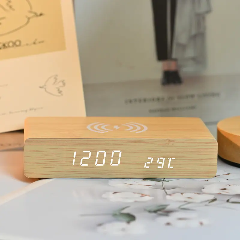 Wooden Wireless Charging Clock with Fast Power & Snooze - Image 6