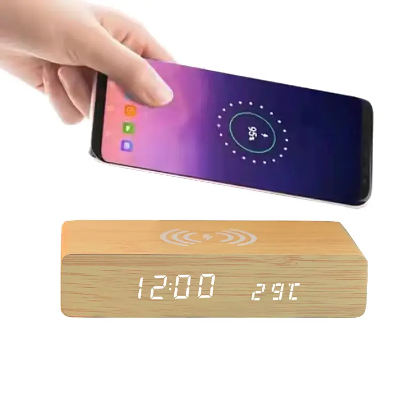 Wooden Wireless Charging Clock with Fast Power & Snooze - Image 2