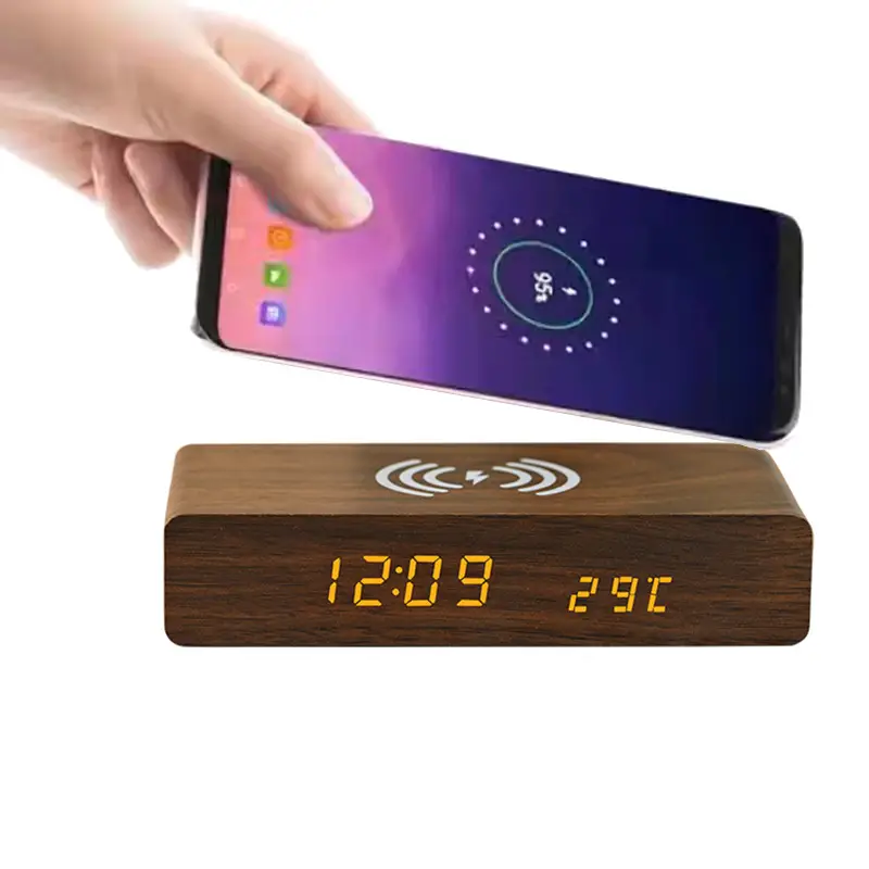 Wooden Wireless Charging Clock with Fast Power & Snooze - Image 3