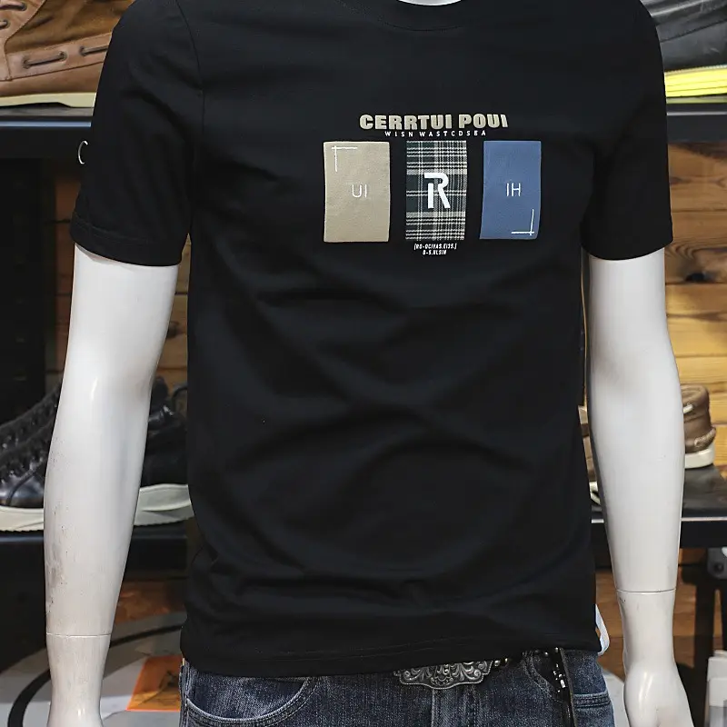 Men Korean Summer Letter T-Shirt Slim Fit Gray - Image 4