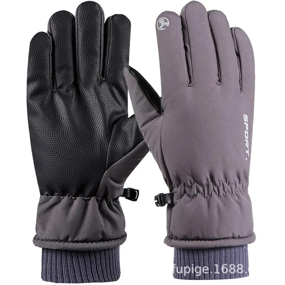 Men Winter Fleece Ski Gloves Grey Windproof Cold Proof - Image 2