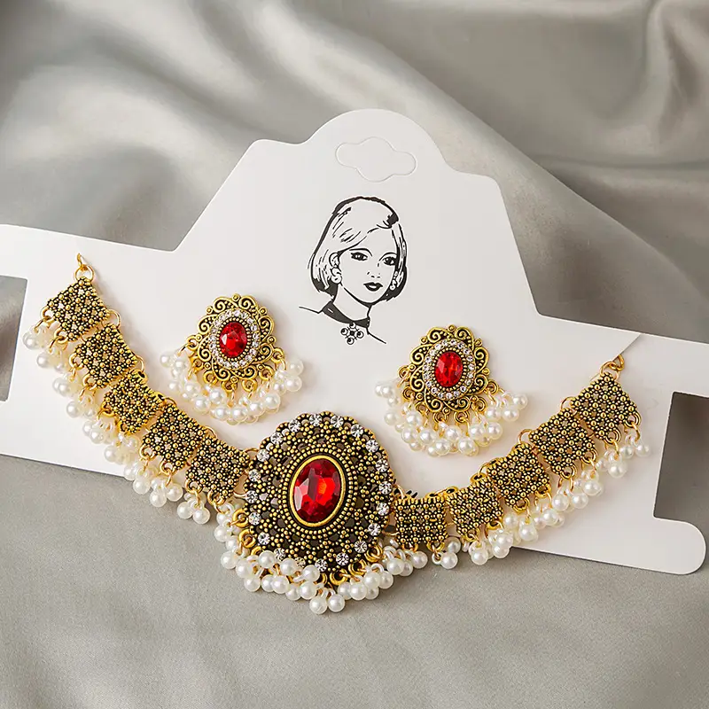 Pearl Sequins Earrings Set Gold Vintage Necklace Earrings
