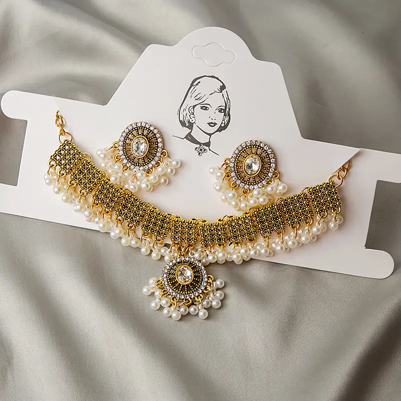 Pearl Sequins Earrings Set Gold Vintage Necklace Earrings - Image 2