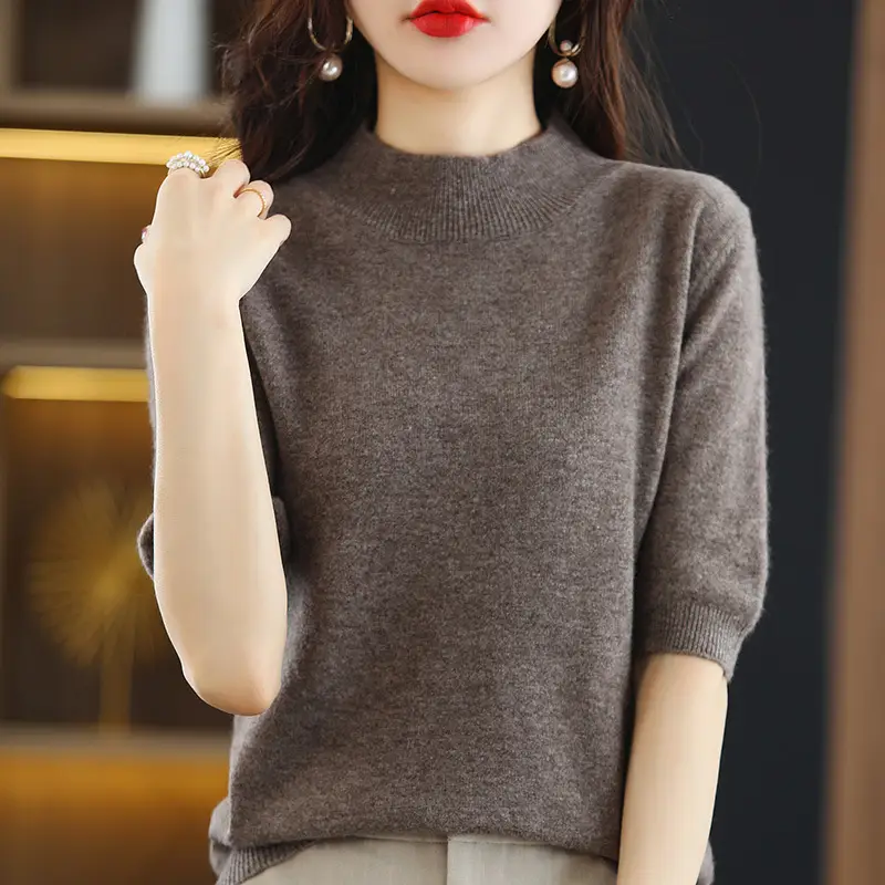 Women Blue Half Turtleneck Half Sleeve Sweater