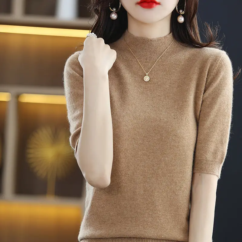 Women Blue Half Turtleneck Half Sleeve Sweater