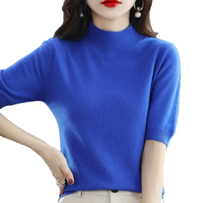 Women Blue Half Turtleneck Half Sleeve Sweater