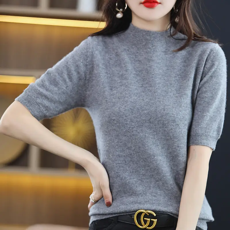 Women Blue Half Turtleneck Half Sleeve Sweater