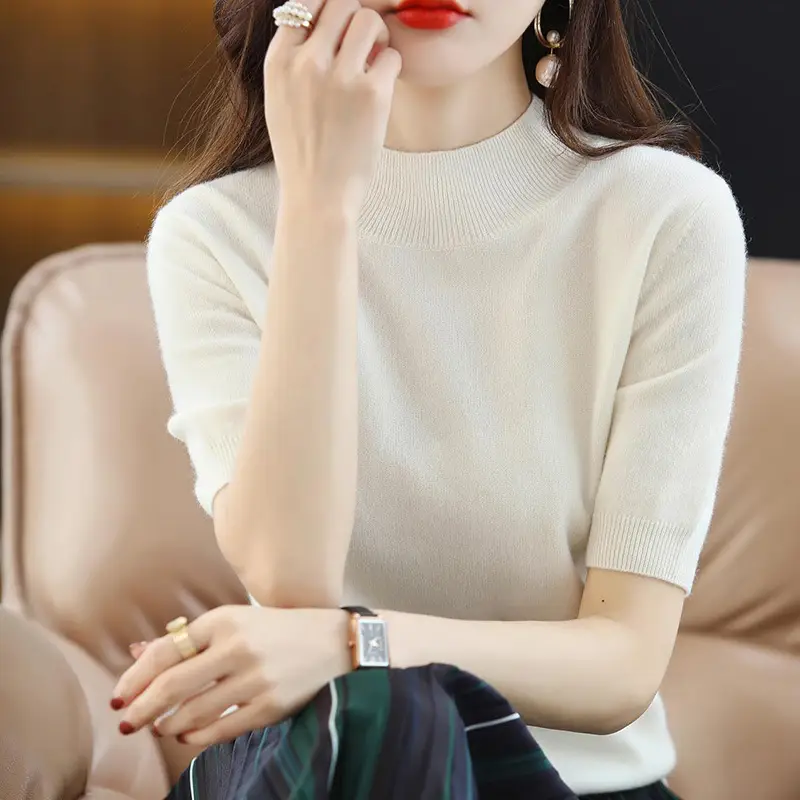 Women Blue Half Turtleneck Half Sleeve Sweater