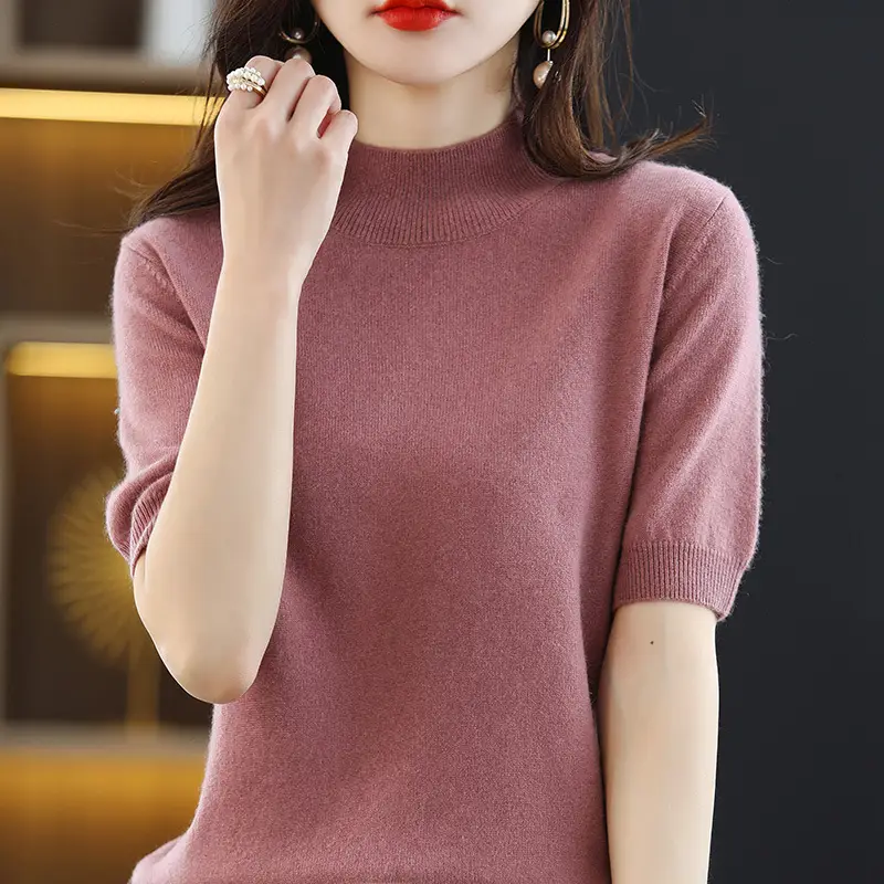 Women Blue Half Turtleneck Half Sleeve Sweater