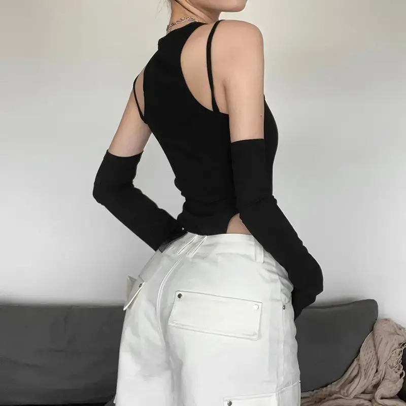 Black Hollow Sleeve Long Sleeve Top for Women - Image 2