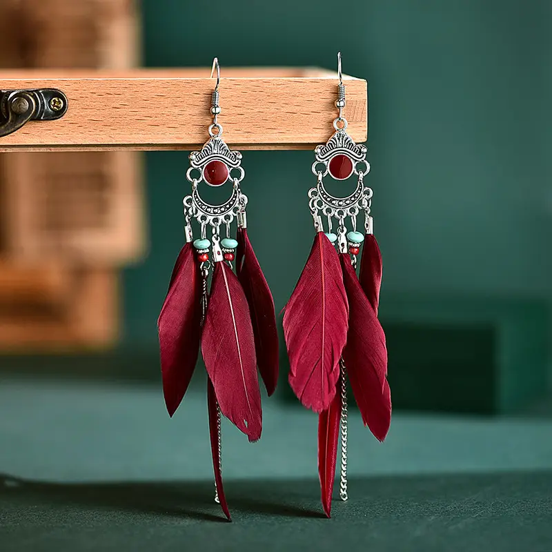Blue Feather Long Earrings Bohemian Design