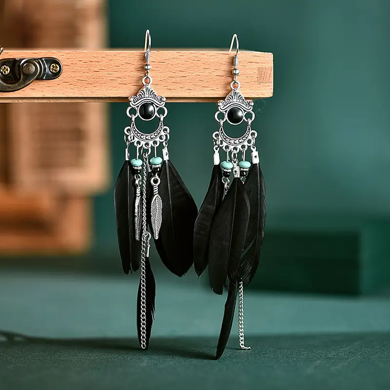 Blue Feather Long Earrings Bohemian Design