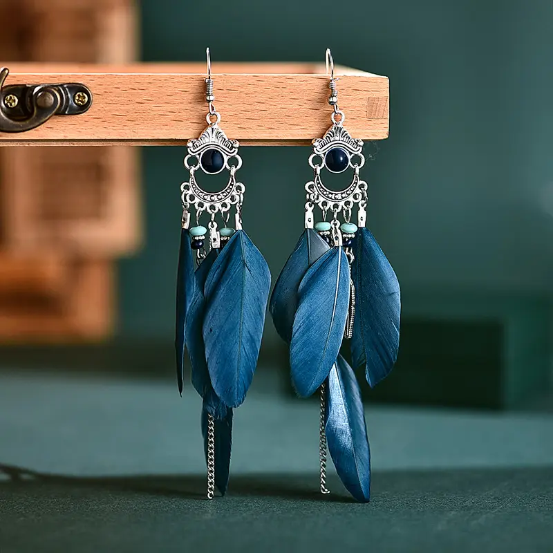 Blue Feather Long Earrings Bohemian Design