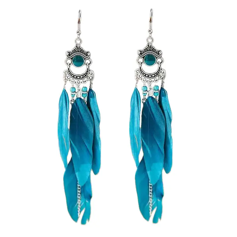 Blue Feather Long Earrings Bohemian Design