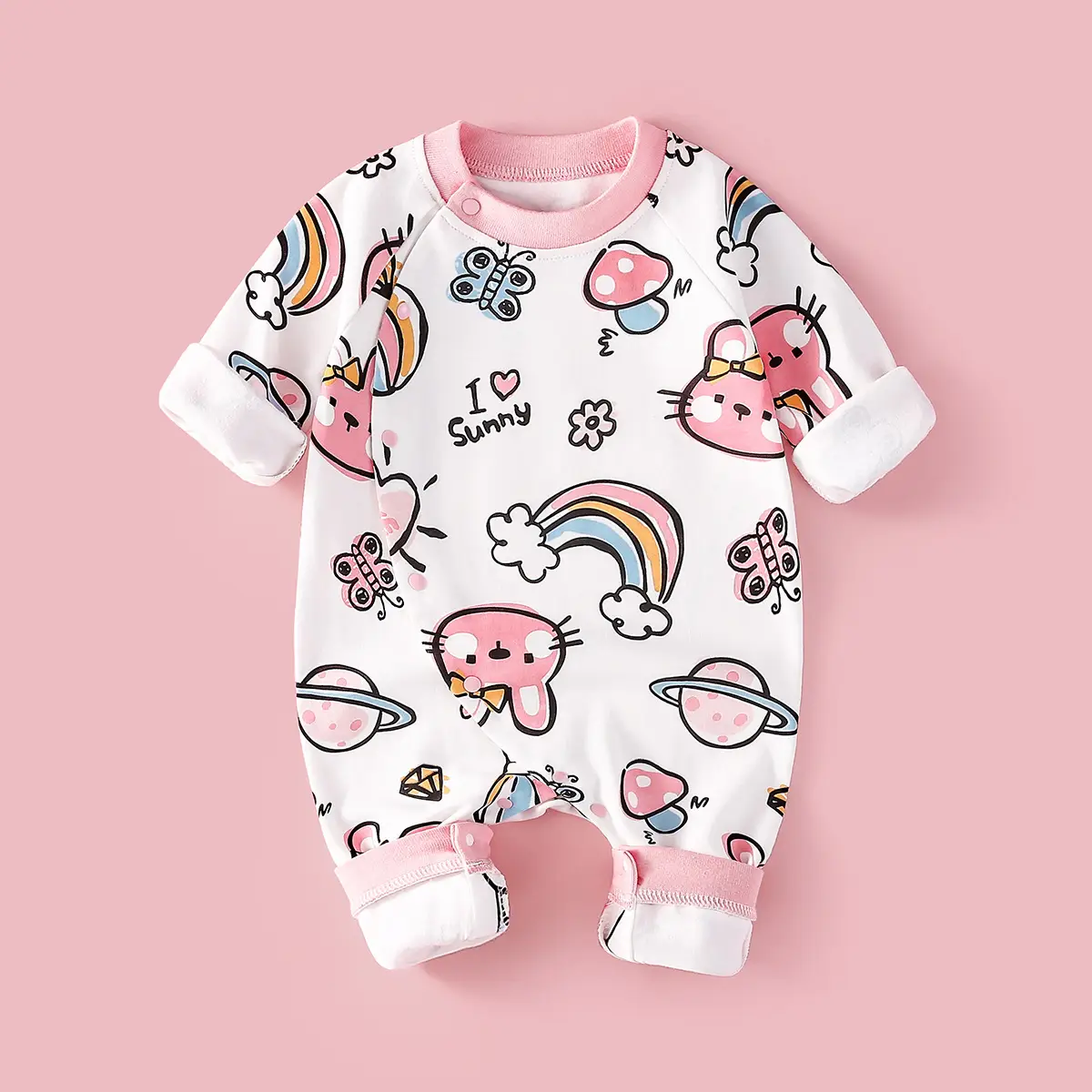 Baby Cotton Romper White Rainbow Print Long Sleeve - Image 13