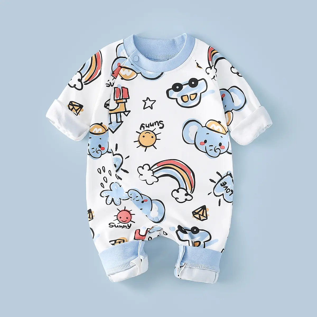 Baby Cotton Romper White Rainbow Print Long Sleeve - Image 15