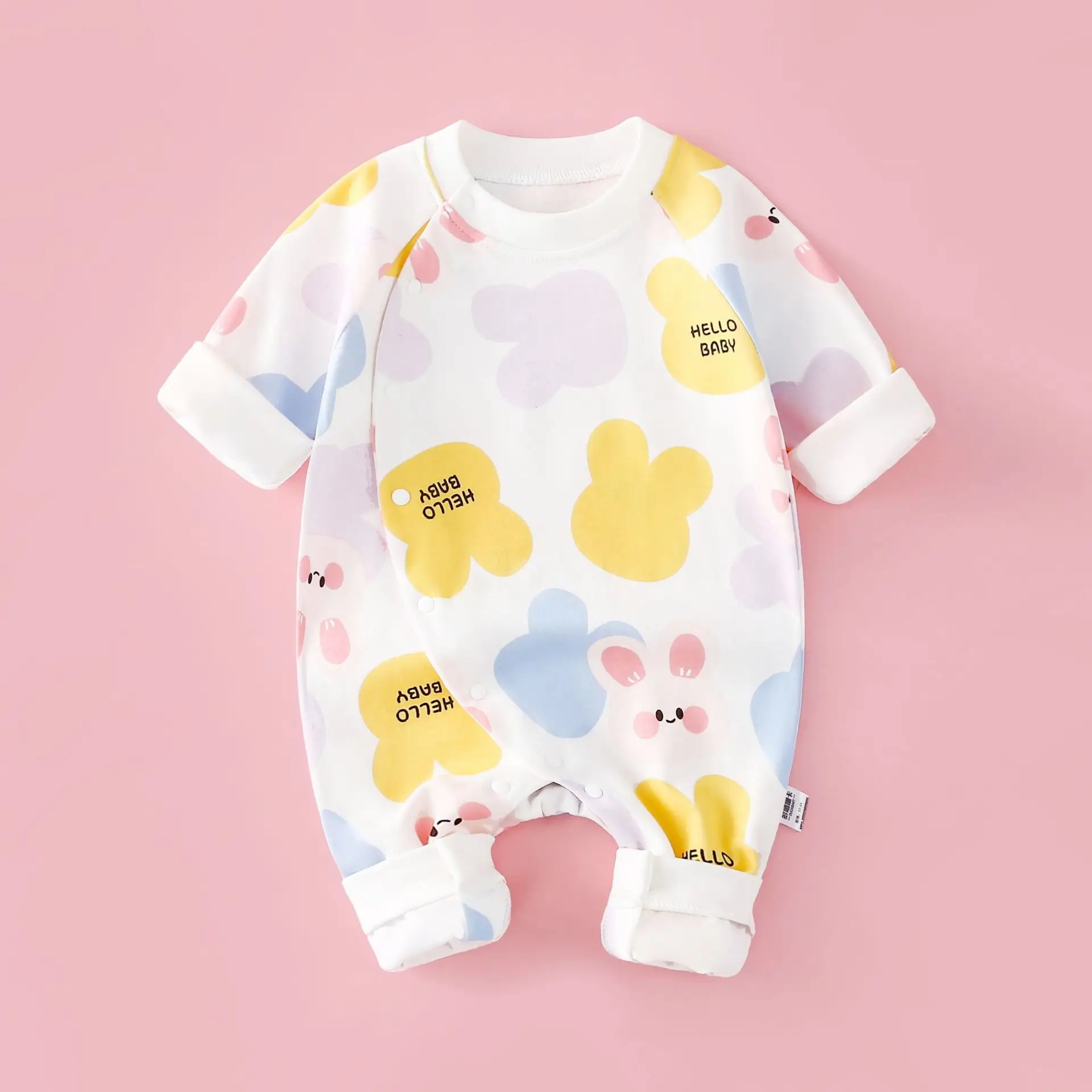 Baby Cotton Romper White Rainbow Print Long Sleeve - Image 7