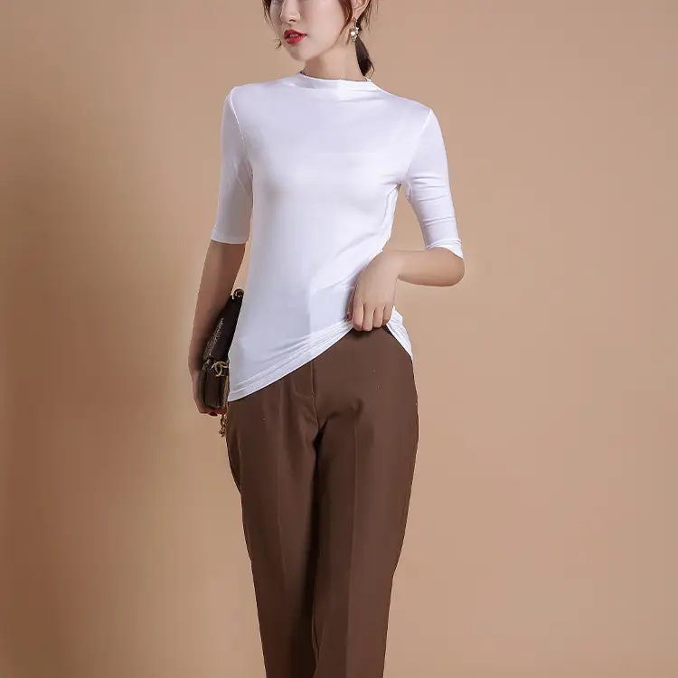 Women's White Modal Mid-Sleeve T-Shirt with Half-Neck Design - Image 3