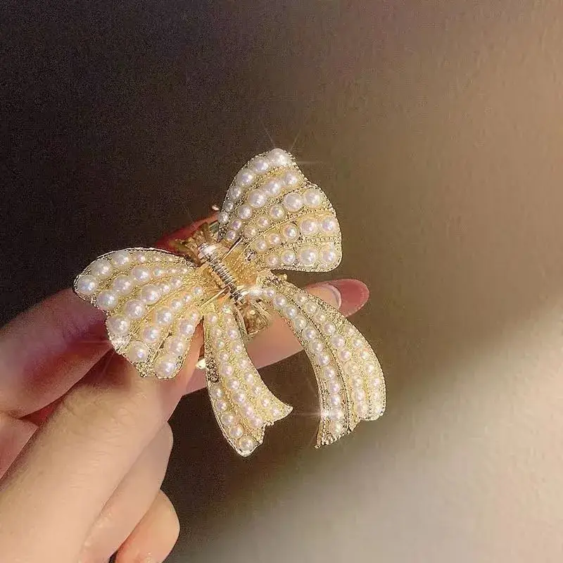 Pearl Bow Hair Clip for Women Small Size