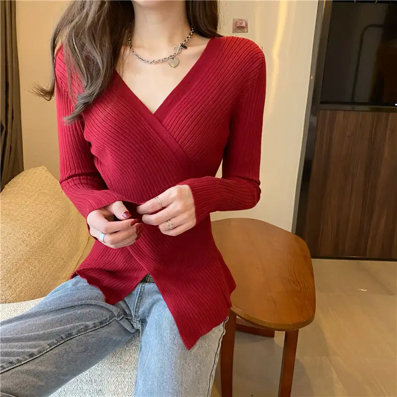 Yellow Knitted V-Neck Long Sleeve Top