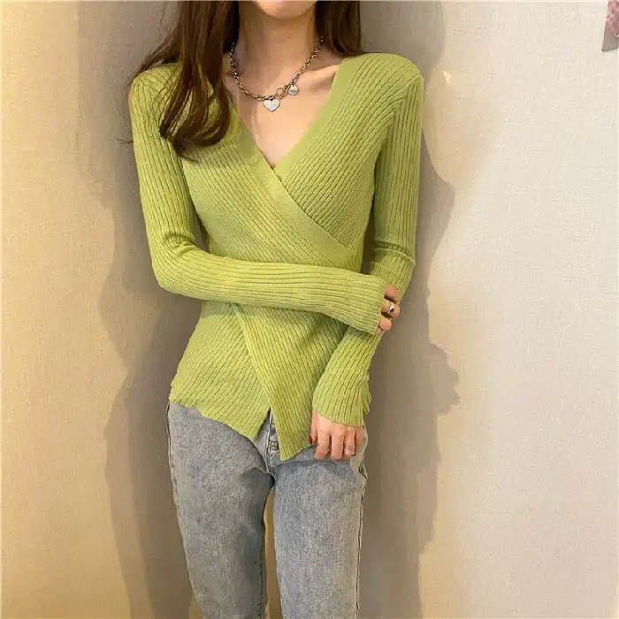 Yellow Knitted V-Neck Long Sleeve Top
