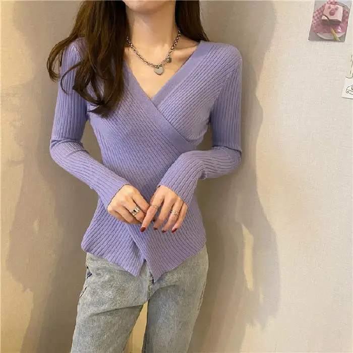 Yellow Knitted V-Neck Long Sleeve Top