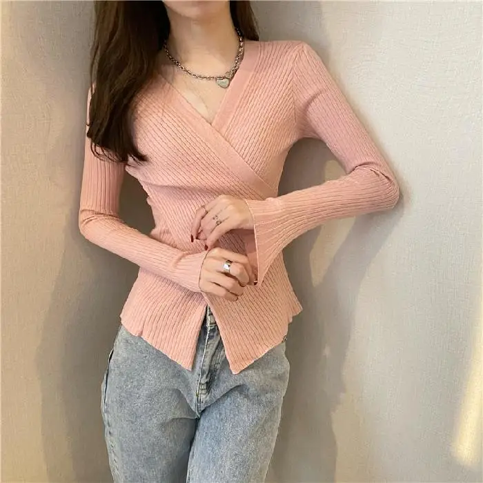 Yellow Knitted V-Neck Long Sleeve Top