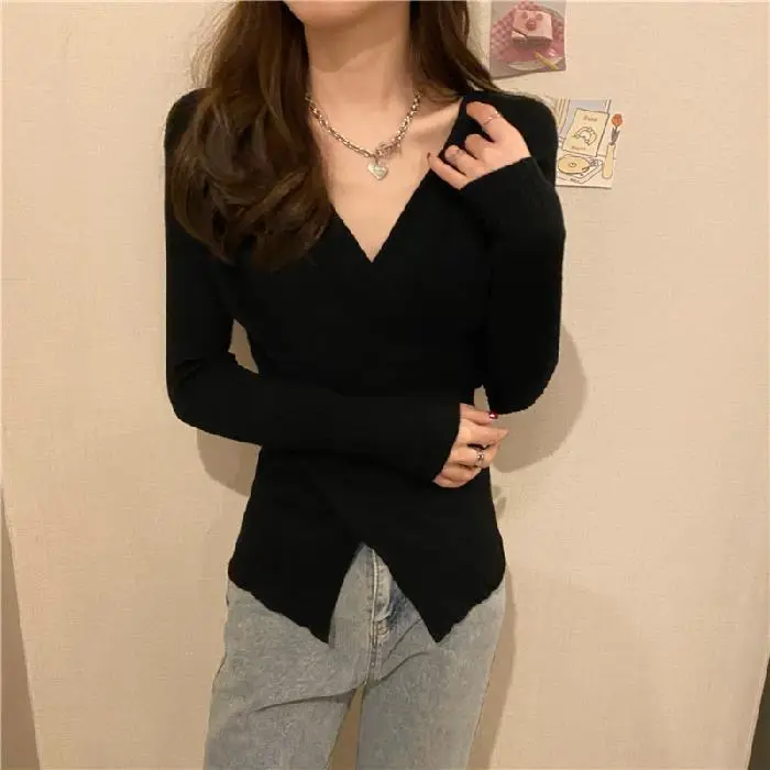 Yellow Knitted V-Neck Long Sleeve Top