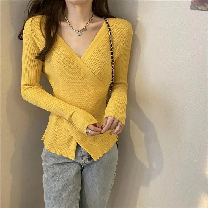 Yellow Knitted V-Neck Long Sleeve Top