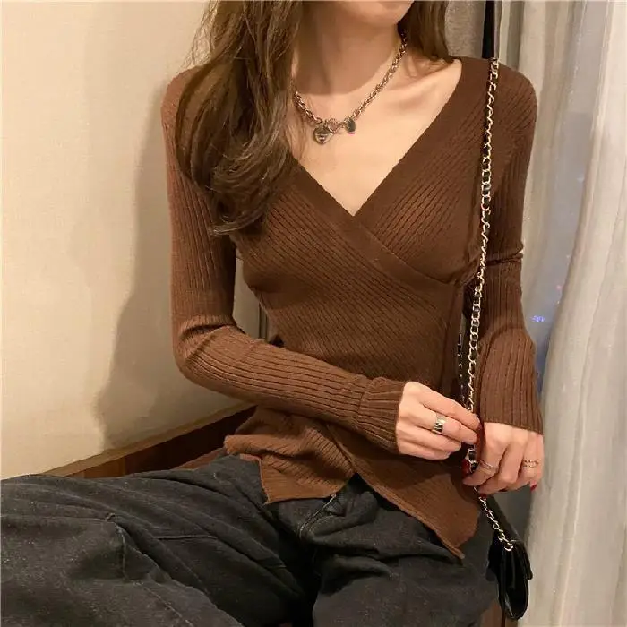 Yellow Knitted V-Neck Long Sleeve Top