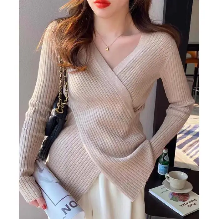Yellow Knitted V-Neck Long Sleeve Top