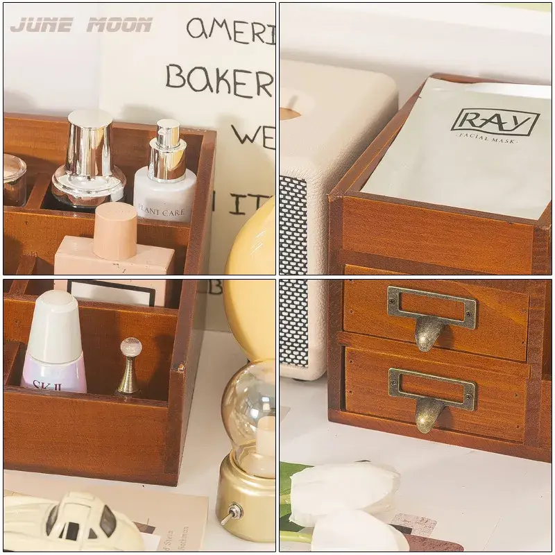 Retro Wooden Cosmetics Storage Box for Makeup Organizer - Image 3