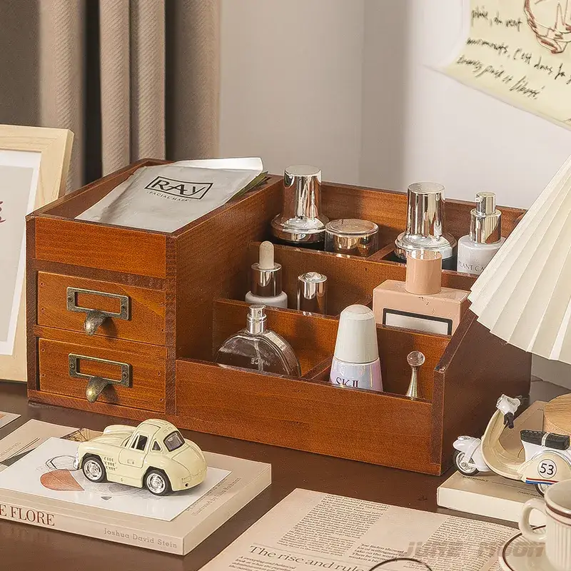 Retro Wooden Cosmetics Storage Box for Makeup Organizer - Image 5