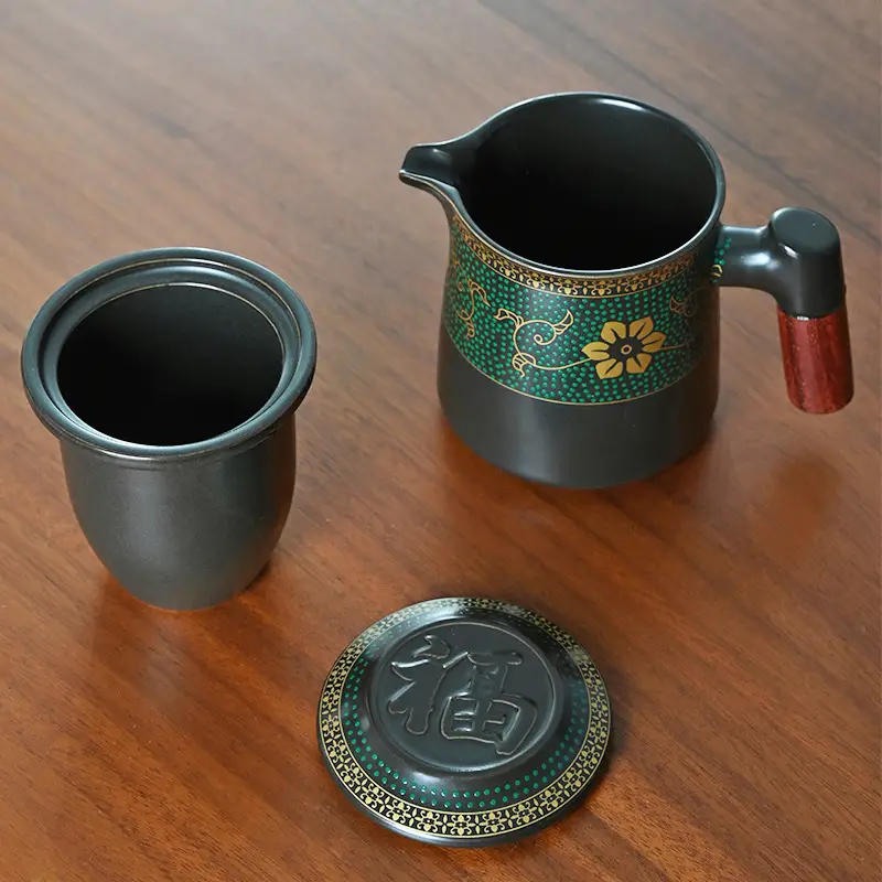 Black Ceramic Tea Set with 4 Cups for Travel - Image 10