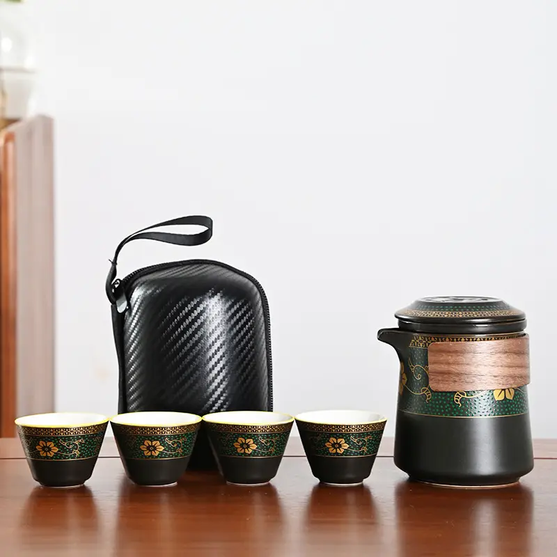 Black Ceramic Tea Set with 4 Cups for Travel - Image 2