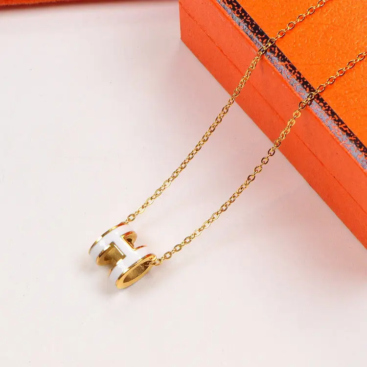 Oval H Necklace for Women Gold Enamel Mini Chain - Image 4