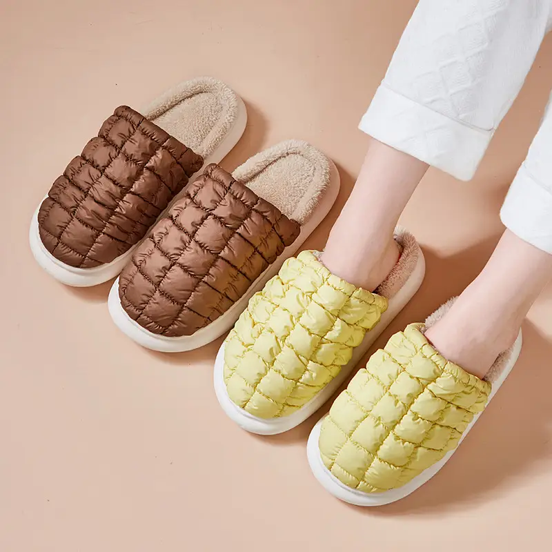Women's Cotton Plaid Winter Slippers Warm Gray - Image 5
