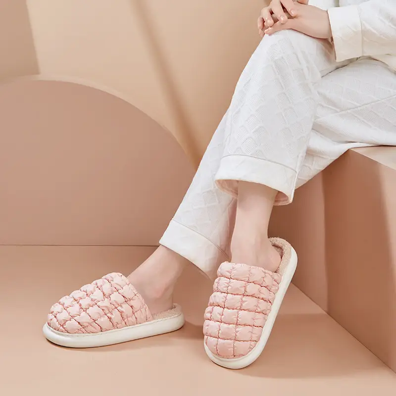 Women's Cotton Plaid Winter Slippers Warm Gray - Image 7