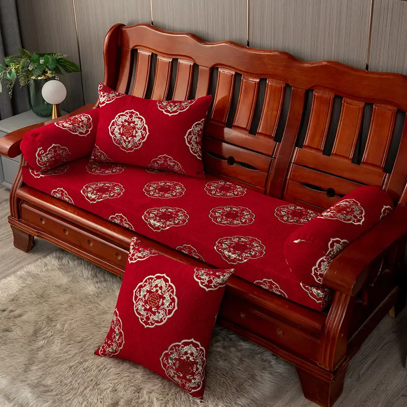 Winter Red Wood Sofa Cushion Set with Embroidered Design - Image 3