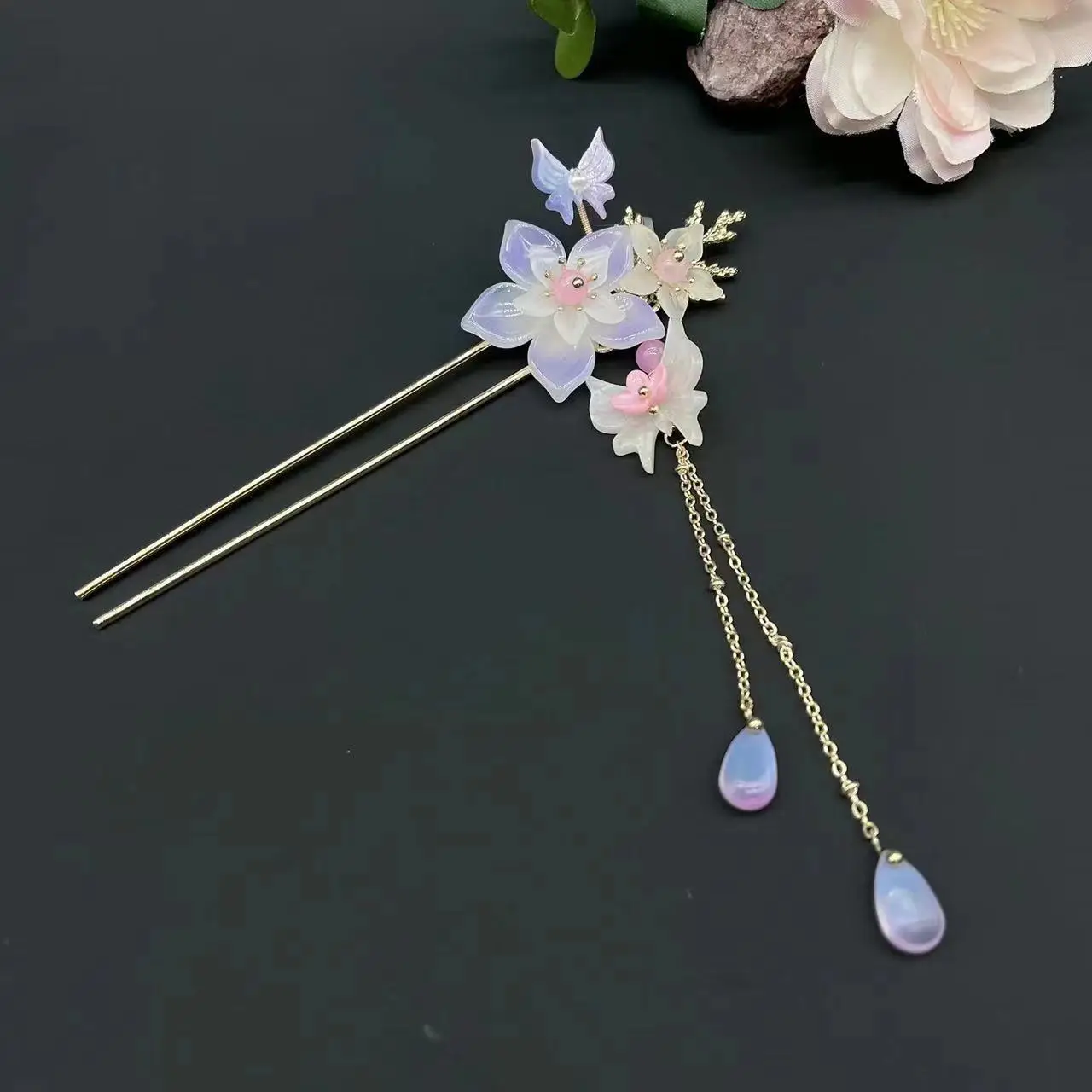 Fairy Butterfly Hairpin with Blue Stone Chain - Image 2