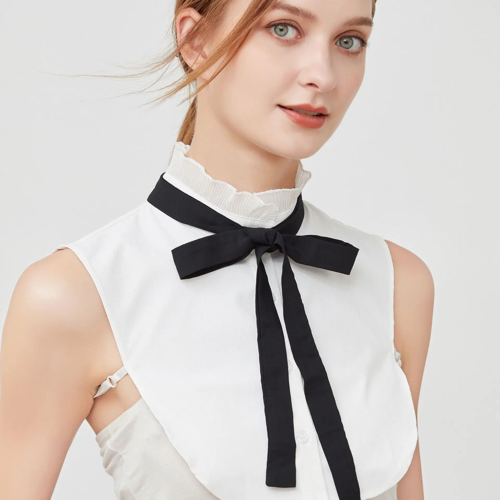 White Cotton Fake Collar Blouse with Black Bow - Image 3