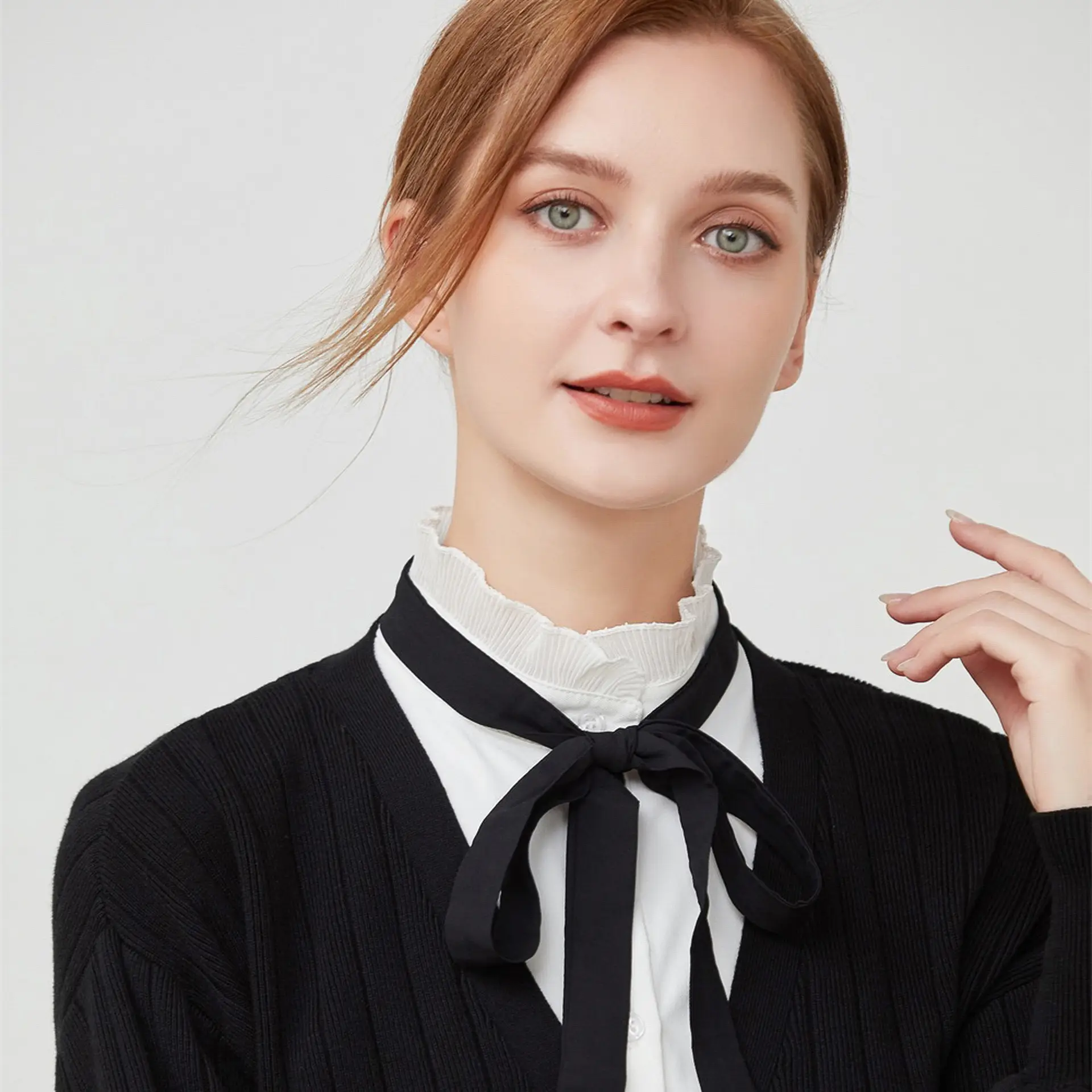 White Cotton Fake Collar Blouse with Black Bow - Image 4