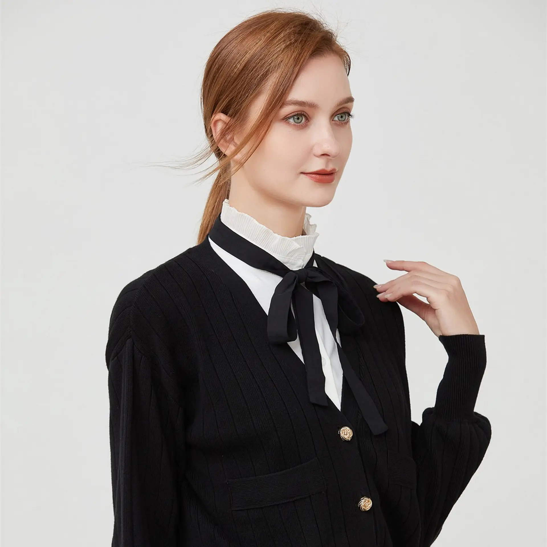 White Cotton Fake Collar Blouse with Black Bow - Image 5