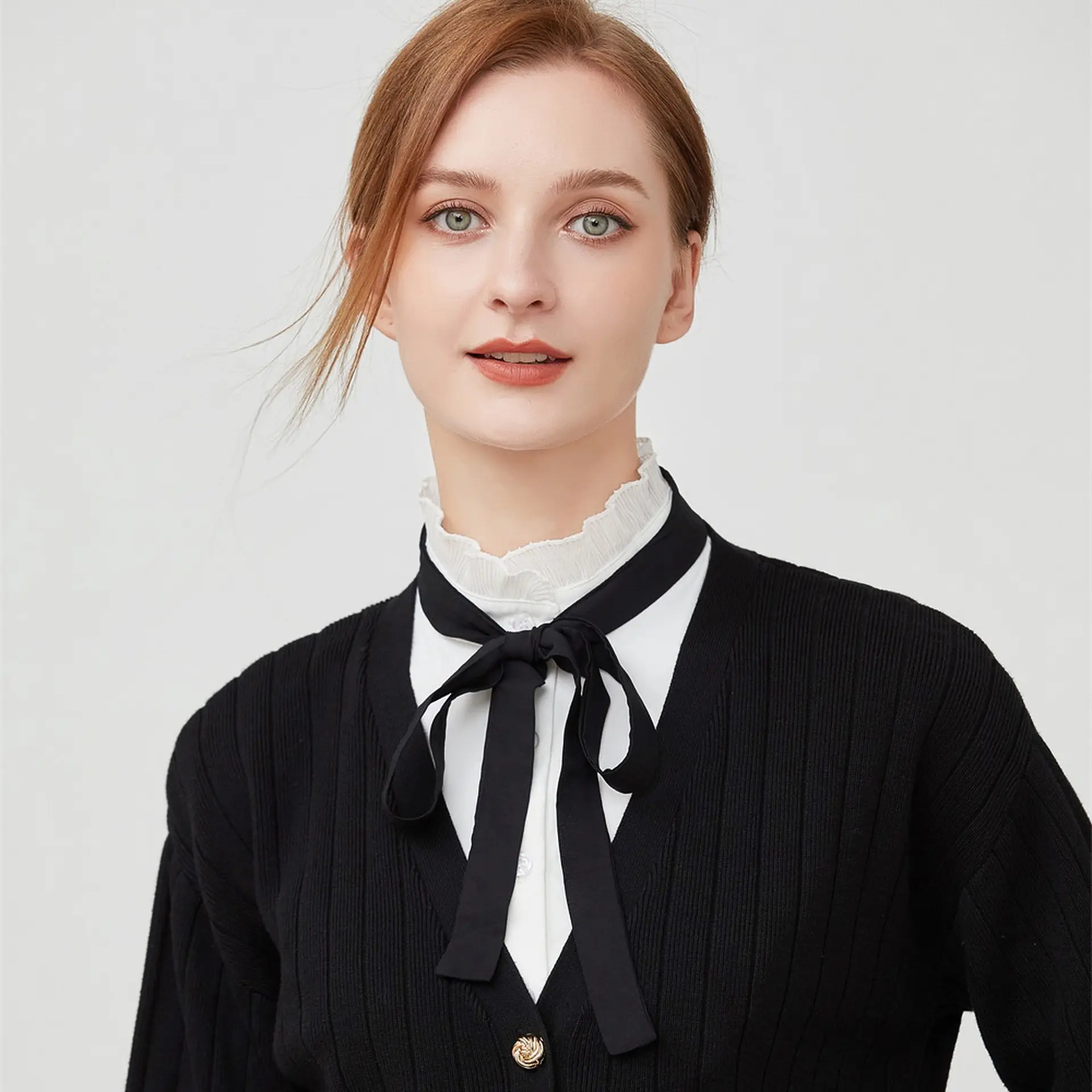 White Cotton Fake Collar Blouse with Black Bow - Image 6