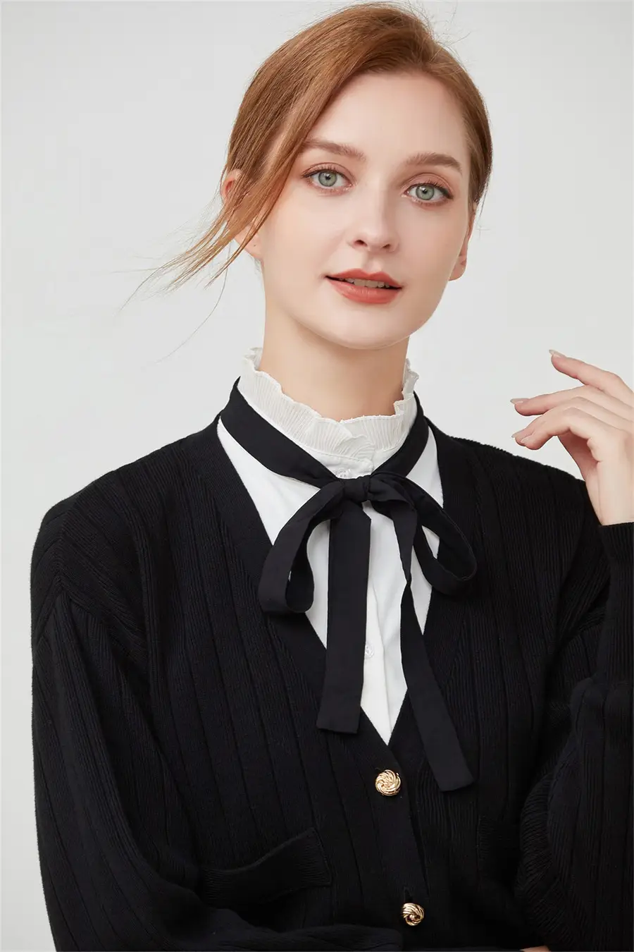 White Cotton Fake Collar Blouse with Black Bow — feature 11