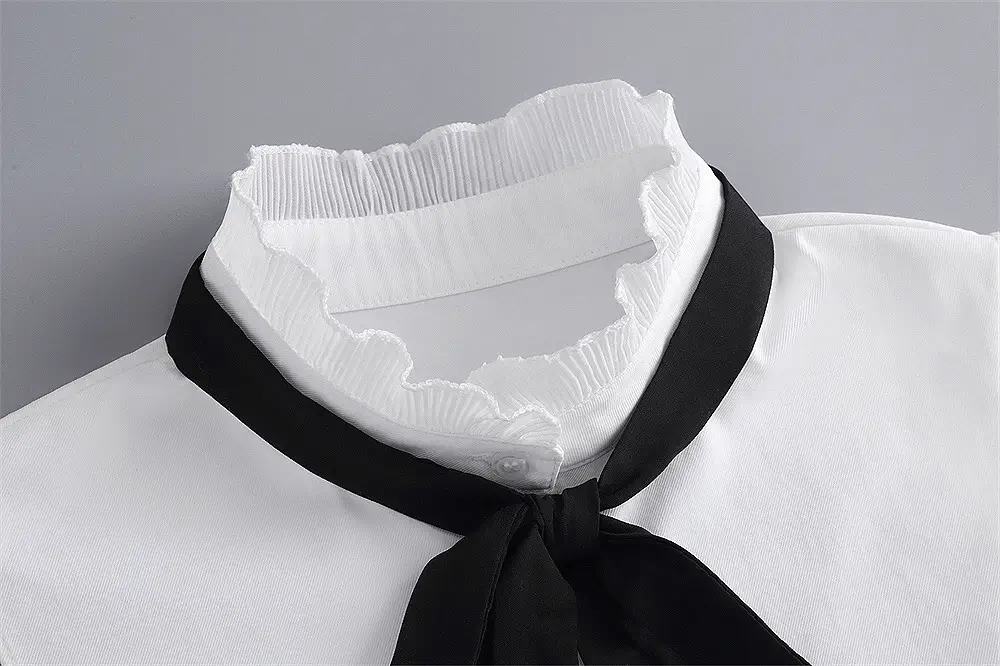 White Cotton Fake Collar Blouse with Black Bow — feature 15